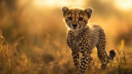 Adorable cheetah cub walking through golden grass at sunset