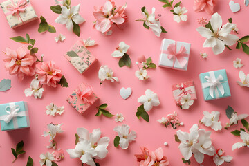 Elegant floral arrangement with pastel gifts on pink background offering a charming aesthetic for cards, decorations, and celebratory designs, ideal for feminine themes
