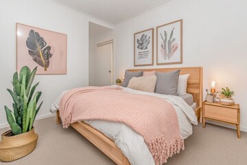 Naklejka premium Modern bedroom with pink blanket, wooden bed, and plants.