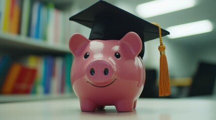 Piggy Bank Wearing Graduation Cap Representing Financial Success