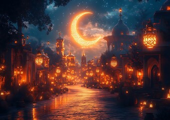 Fototapeta premium Vibrant City at Night with Glowing Lanterns and Crescent Moon