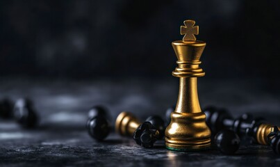 gold chess piece standing over fallen pieces on a black background with copy space, representing a business concept for the success and victory of a company's strategic plan
