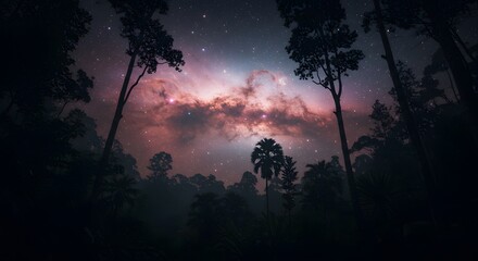 Fototapeta premium Stars illuminate the night sky above a dense forest, creating a mesmerizing cosmic backdrop, blending nature and the universe into a celestial wonder. Generative AI