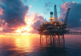 Beautiful sunset over an offshore oil rig with colorful sky reflecting in the calm ocean waters, showcasing industrial energy production at dawn