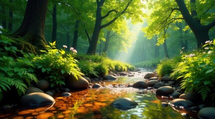 Serene Forest Stream Sunlight Dappling Through Lush Green Canopy, Reflecting on Smooth River Rocks and Verdant Banks