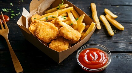 Naklejka premium Rustic Presentation of Golden Chicken Nuggets and Crispy French Fries with Ketchup Served on Wooden