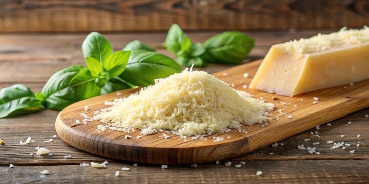 Freshly grated Parmesan cheese on a wooden cutting board, parmesan cheese, food, parmesan cheese