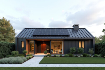 Naklejka premium A Modern Sustainable house with sleek solar panels integrated into a flat roof, framed by minimalist landscaping.