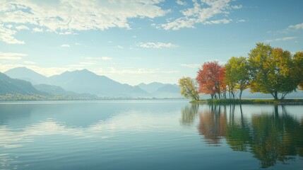 A peaceful summer lake in Japan with colorful trees and distant mountains.