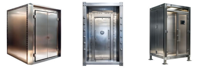 A Set of Secure Steel Bank Buildings with Vaults Isolated on Transparent Background