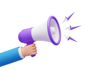 3D illustration of a hand wearing a blue sleeve holding a purple and white megaphone emitting purple lightning bolts
