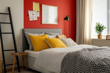 Modern bedroom with red accent wall, grey bed, and yellow pillows.