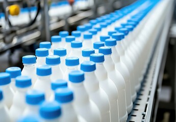 Obraz premium Bottles of Fresh Dairy Milk on Production Line with Blue Caps in Modern Factory Setting for Freshness and Quality Assurance
