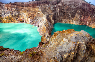 Crater lakes Danau Alapola and Kootainuamuri, Volcano Kelimutu, Island Flores, Indonesia, Southeast Asia.