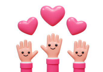 3D illustration of three hands in pink sleeves reaching up to hold or touch glossy pink hearts