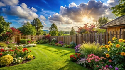 Serene summer afternoon in a lush green lawn surrounded by a rustic wooden fence, with vibrant flowers and plants blooming under sunny skies , patio, plants