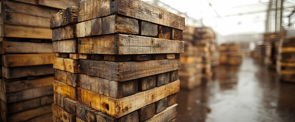 Stacked Wooden Pallets In Industrial Warehouse