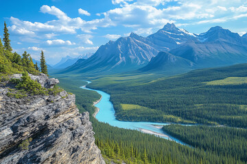Panoramic view of the Canadian Rockies with jagged peaks, crystal-clear waters, and untouched wilderness