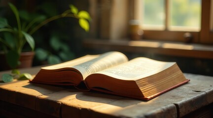A sunlit tome rests open on a rustic wooden surface, near a leafy plant, bathed in the warm glow of a window's gentle light.