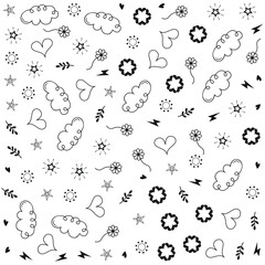 Love in the Sky – Heart, Star, Cloud & Floral Doodle Pattern with Playful Charm