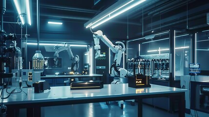 "Futuristic High-Tech Laboratory with Advanced Robotic Arms – Precision Tasks and Automation in a Clean Research Facility"
