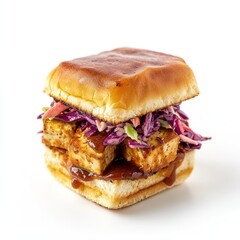 Roasted BBQ tofu slider with crunchy slaw isolated on white background