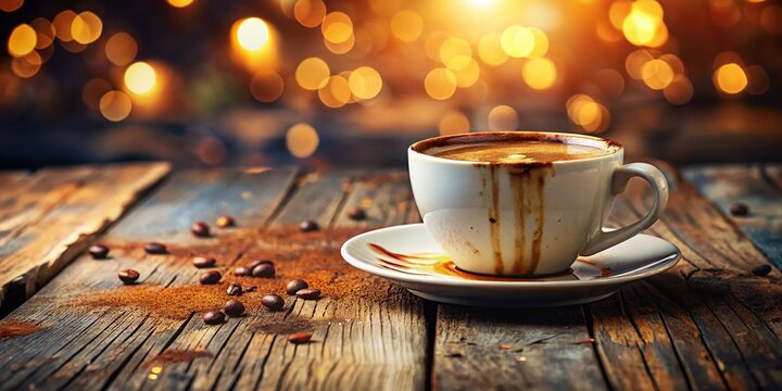 Bokeh Effect: Dirty White Coffee Cup on Wooden Table Stock Photo