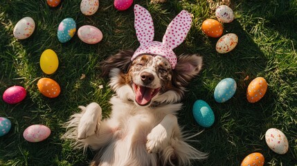 A serene brown and white dog luxuriates on a sunlit grassy field, front paws playfully aloft, head nestled among the blades—a portrait of canine bliss