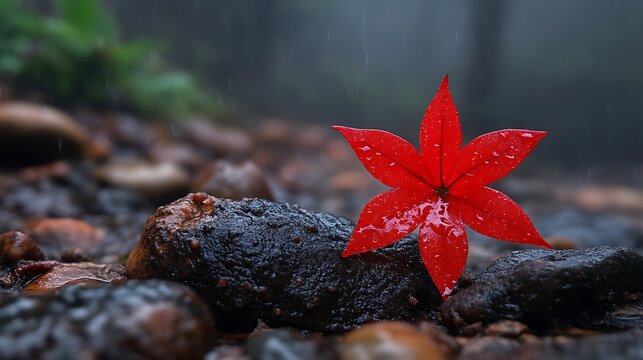 Red Leaf Rests on Rock by Stream in Forest