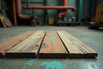 Rustic Weathered Wooden Planks Resting on a Spattered Industrial Floor with Blurred Background of Aged Machinery and Piping