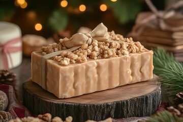 Toffee Block on Wood Slice with Festive Bokeh