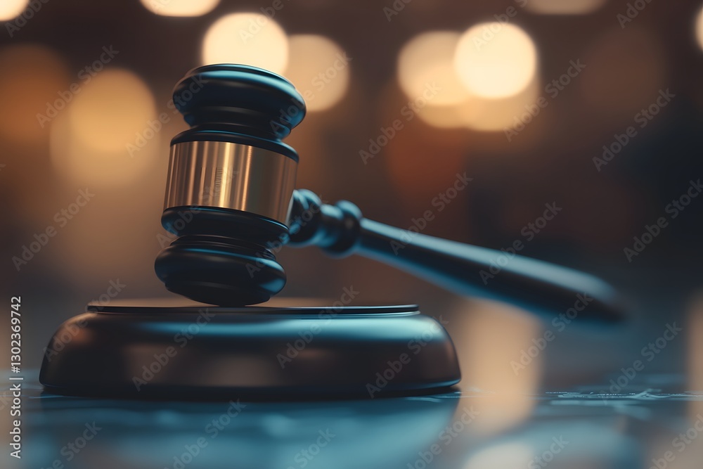 Aufkleber A conceptual close-up of a gavel on a map of the world, with the blurred background of courtrooms. The top part offers space for text on global justice.
