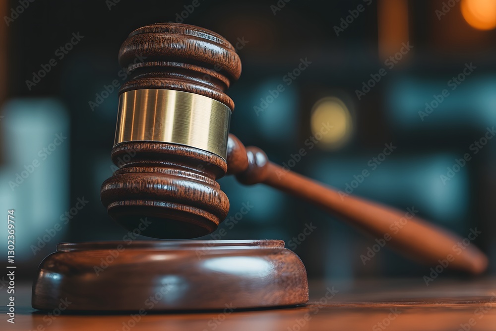 Poster a conceptual close-up of a gavel on a map of the world, with the blurred background of courtrooms. t