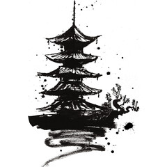 Traditional Asian pagoda in ink painting style, symbolizing spirituality, meditation, Zen culture, historic architecture, and Asian heritage.