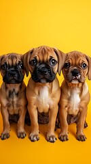 Fototapeta premium Three Puppies Posing Yellow Background