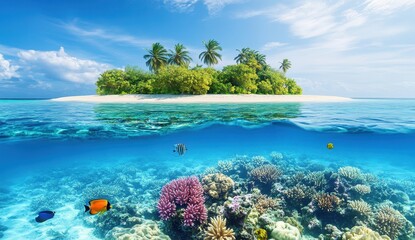 Naklejka premium Breathtaking Tropical Paradise with Vibrant Coral Reef and Crystal Clear Water Surrounding Tiny Island under Bright Sky