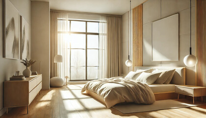 明るい日差しのゆったりとした寝室