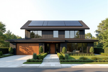 A Modern Sustainable house with sleek solar panels integrated into a flat roof, framed by minimalist landscaping.