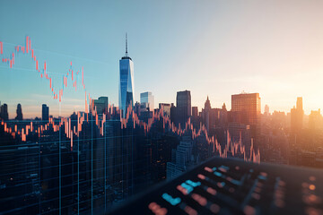 Financial District Analysis, Stock Market Fluctuations Overlayed on Iconic Skyline, Reflecting Economic Trends and Investment Strategies in Urban Landscapes