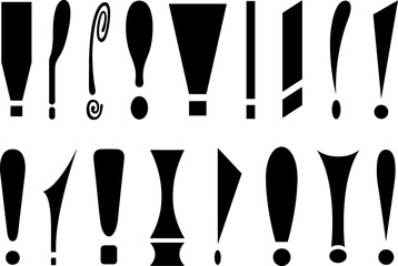 Collage of different exclamation mark signs isolated on white background