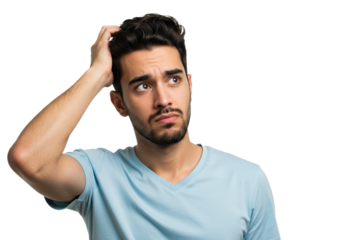 A young man scratching the back of his head with his right hand while looking slightly upward with a puzzled or confused expression