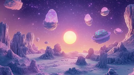 Fototapeta premium A surreal alien landscape features majestic floating islands and distant planets under a vibrant cosmic sky, ideal for science fiction book covers.
