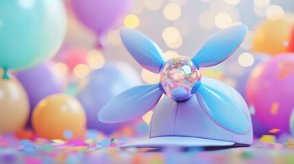 A whimsical lavender and sky-blue propeller cap with a shiny holographic propeller. The cap is surrounded by colorful confetti and balloons.