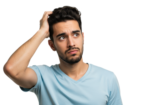A young man scratching the back of his head with his right hand while looking slightly upward with a puzzled or confused expression