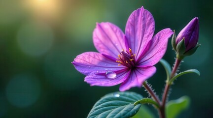 Fototapeta premium A single, vibrant purple blossom adorned with a dewdrop, basking in the soft glow of morning sunlight, exhibiting delicate petals and a lush green stem
