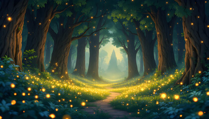 Enchanted Forest Pathway with Glowing Fireflies and Mystical Light