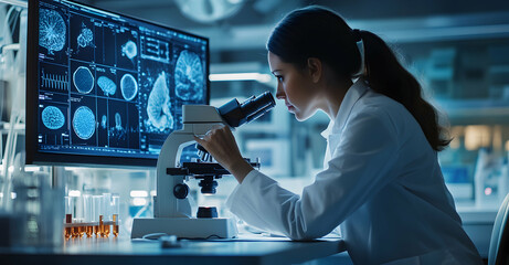 Focused Scientist Examining Samples Under Microscope in Advanced Laboratory, Analyzing Brain Scans and Test Results for Groundbreaking Medical Advancements