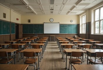 Empty high school classroom with vintage wooden chairs and desks. Classic academic atmosphere, back-to-school concept, and a focus on education and learning.