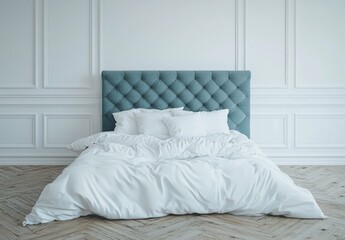 Modern bedroom with teal upholstered headboard and white bedding.