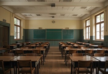 Empty high school classroom with vintage wooden chairs and desks. Classic academic atmosphere, back-to-school concept, and a focus on education and learning.